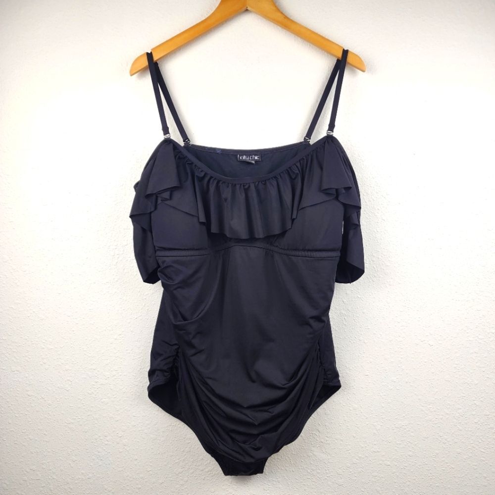 City Chic Alicante Black XL Swimsuit One-Piece Ruffled Off-Shoulder Ruched Beach